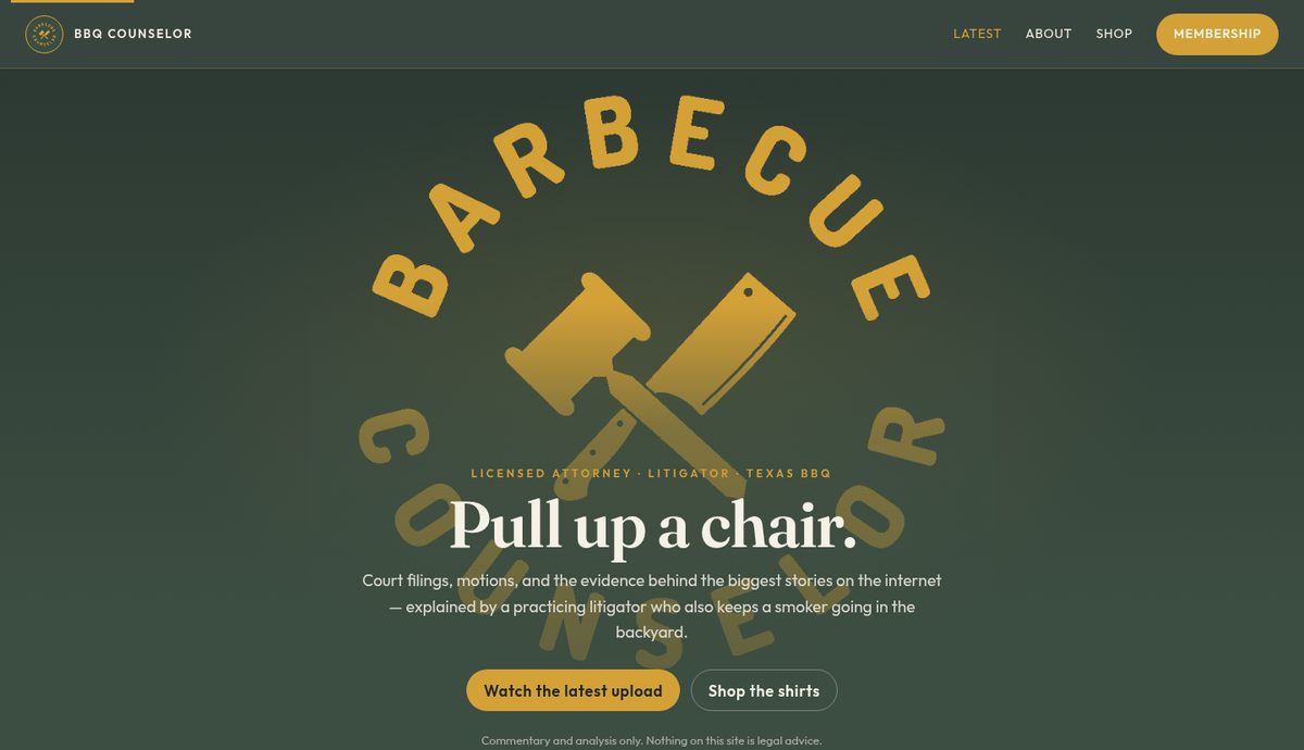 Homepage preview of The BBQ Counselor: Pull up a chair, legal analysis and Texas smoke.
